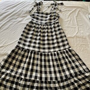 Gingham Tiered Maxi Dress Black White Tie Shoulder Smocked Back M Cottagecore